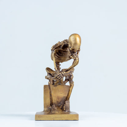 R REALONG Bronze Skeleton Thinker Statues Sculptures Home Decor-8.3" Bronze Abstract Rodin Thinking Halloween Skull Art Decorations (Gold)