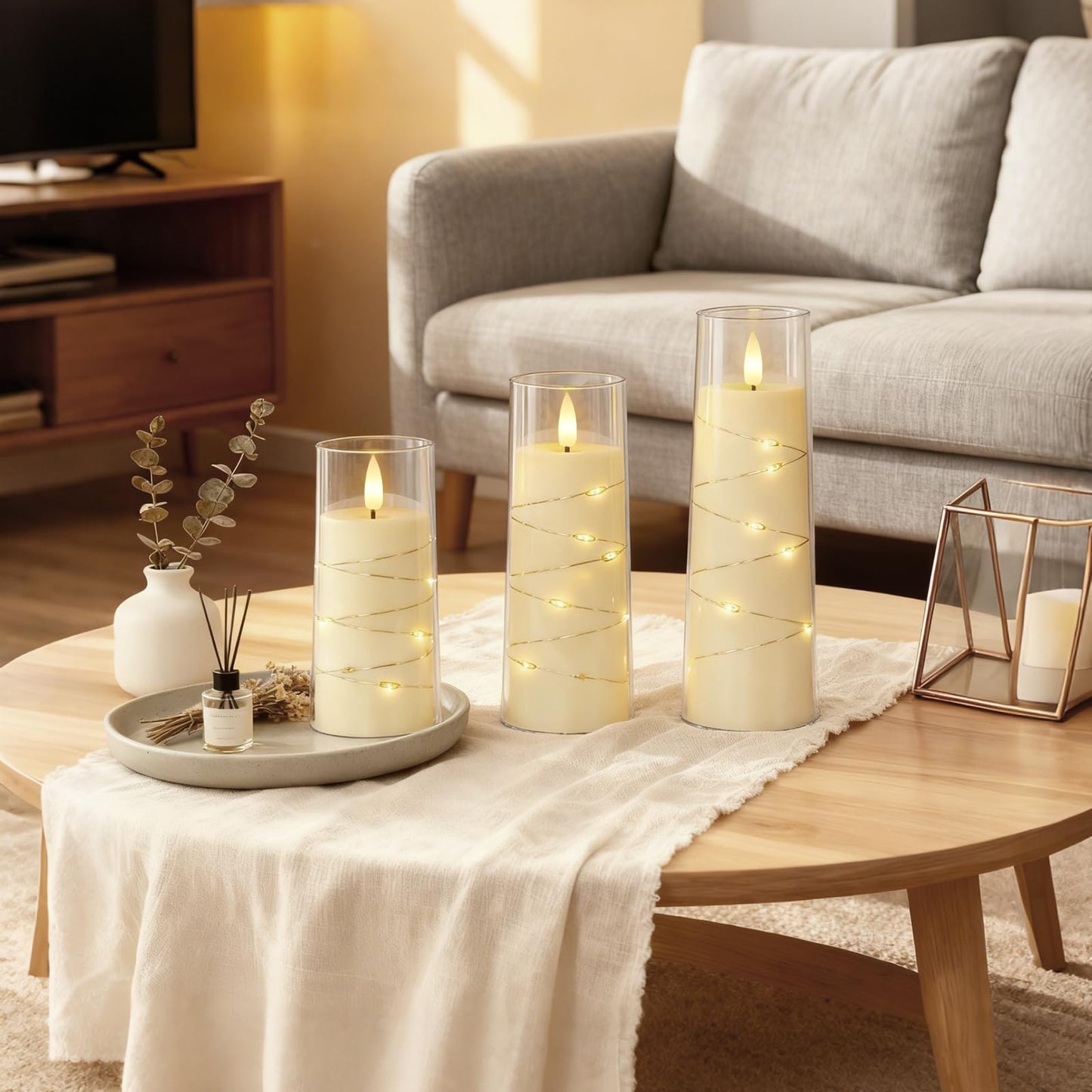 Raycare Flameless Candle with Remote Timer, 3 Flickering Acrylic Battery Operated LED Pillar Candles with Embedded Star String for Christmas, Wedding, Home Table Decor, and as a Gift (Ivory White)