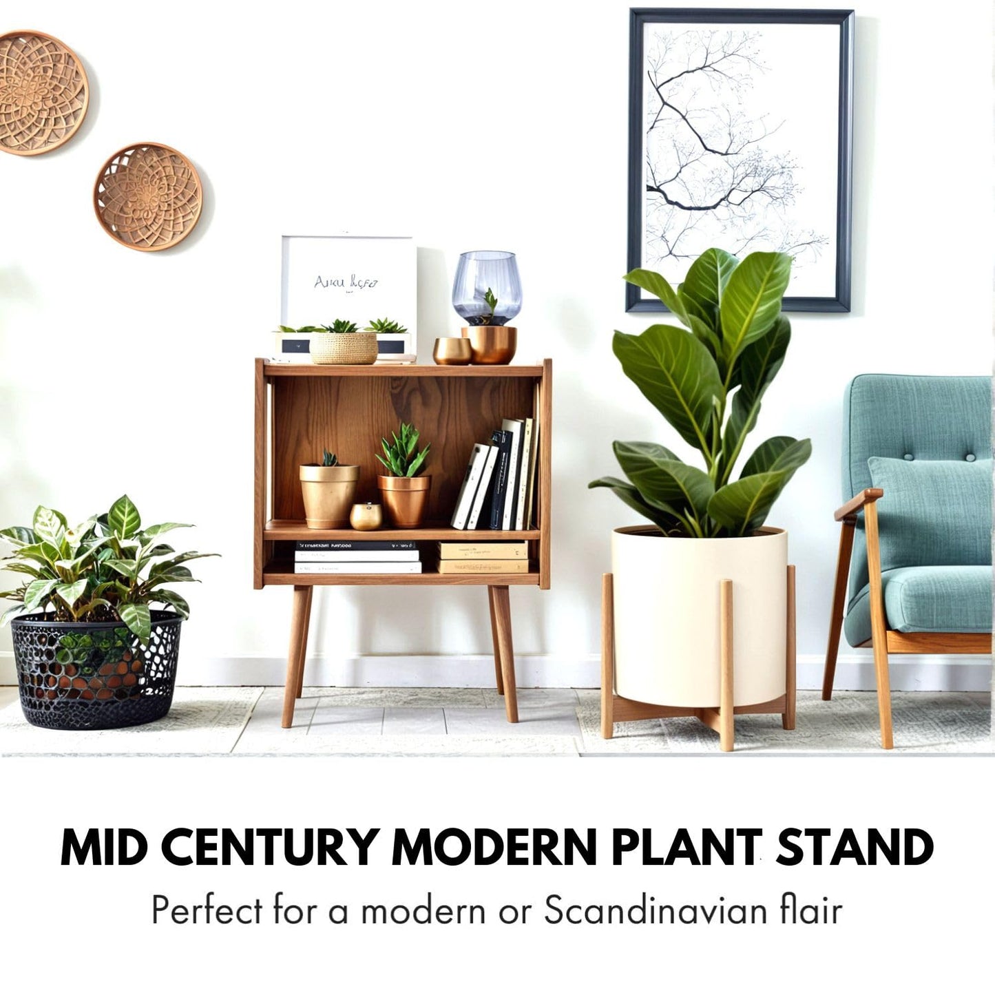 Fox & Fern Bamboo Plant Stand — 14.9 Inch Fixed Size Wooden Mid Century Planter Stand for Indoor Plants (Not Included) - Extra Large Flower Pot Holder for Indoor Big Pots - Plug In Design - Bamboo