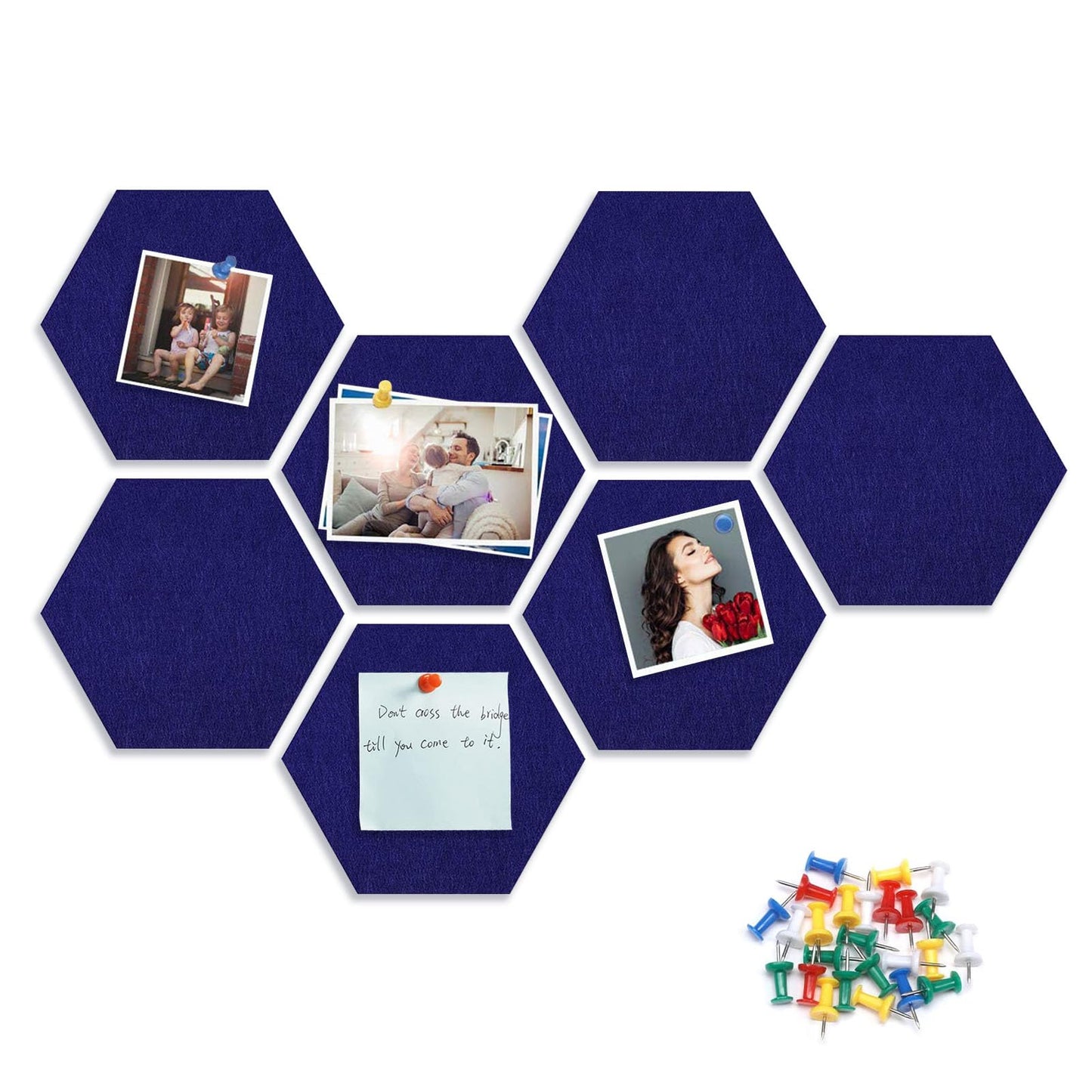 8 Packs Royal Blue Hexagon Felt Pin Board, 12" Bulletin Board with 30 Push Pins, Felt Board for Home Kitchen Office Decor, Self-Adhesive Corkboard Tiles for Walls School Message Photos Memos
