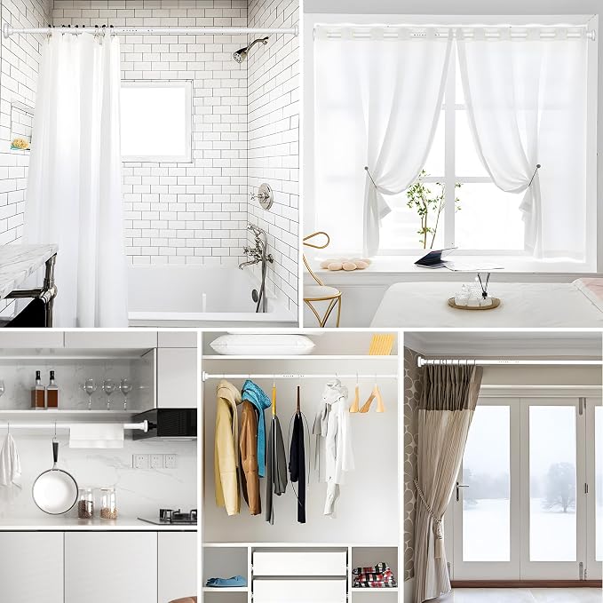 MEXAU White Tension Curtain Rod 40-113 Inch Long Tension Rod 1.26" Spring Tension Curtain Rod Adjustable Curtain Rods No Drilling Tension Shower Rod Curtain Tension Rod for Bathroom Windows Doorways