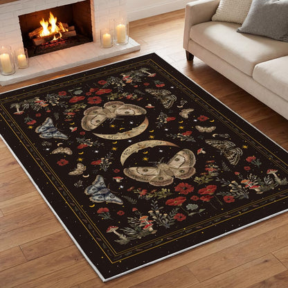 Artoid Mode Black Poppy Moth Mushroom Moon Area Rug, Fall Home Decor Low-Profile Washable Large Rug for Living Room Bedroom Farmhouse Dining Room Kids Playroom 5x7 Feet