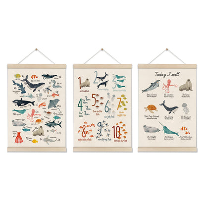 DOI-LANEE Numbers Alphabet Educational Poster for Kids - 3pcs 16x12 Inch - Ocean ABC Hanger Frame Playroom Nursery Wall Decor for Toddler - Kindergarten Teacher Classroom Must Haves