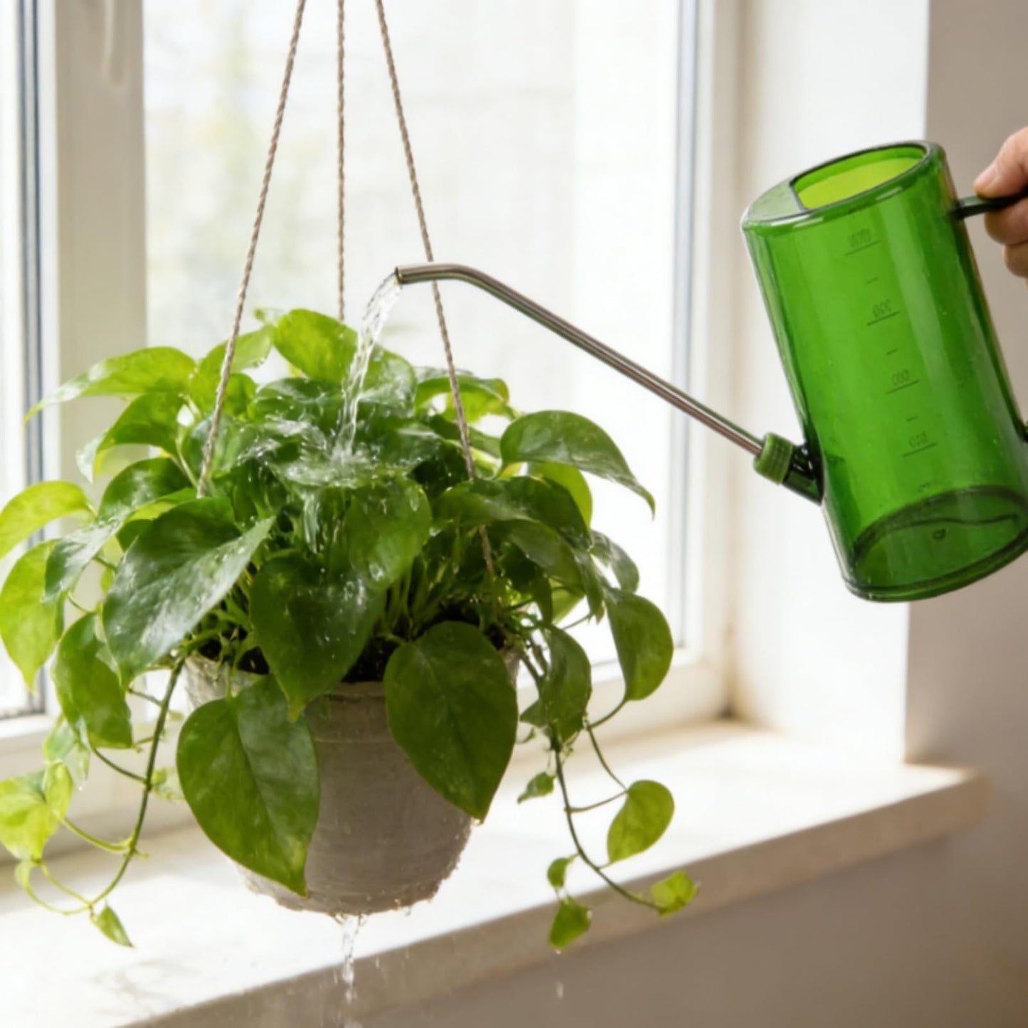 Goose Neck Watering Can, 1L/1000ml Watering Can for Indoor Plants Clear Plastic Water Can with Stainless Steel Long Spout for Home Office(Green)