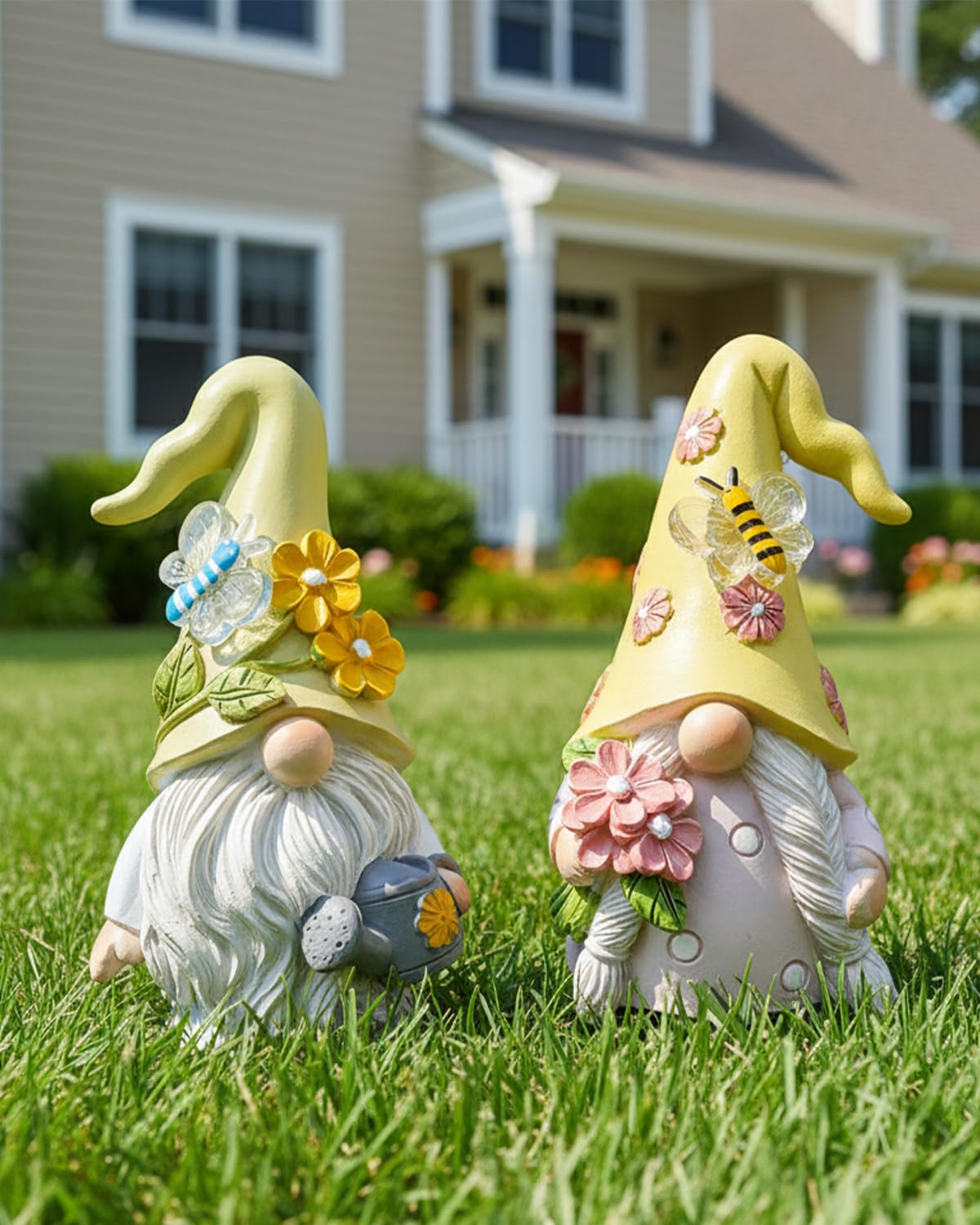DyerKuLee 2PCS Spring Gnome Figurines Decor, Garden Resin Gnome Statues, Cute Outdoor Yard Lawn Patio Ornaments, Farmhouse Home Kitchen Table Decorations (Watering Can and Flower)