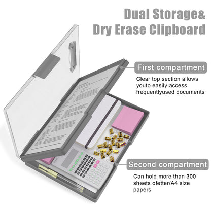 Hongri Clipboard with Storage, Grey 8.5 x 11 Folder Nursing Side Opening, Heavy Duty with Dual Compartment, Dry Erase Clear Cover, Smooth Writing for Teachers, Classroom, Office & School Supplies
