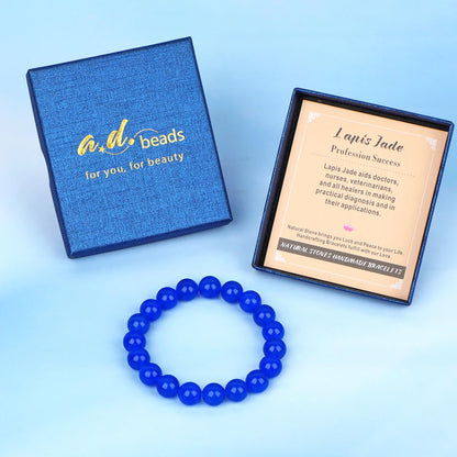AD Beads Handmade Gemstone Stretch Elastic Bracelet Crystal Healing Reiki Nature's Beauty and Spiritual Essence Unisex (10mm, Blue Lapis Jade (Profession Success))