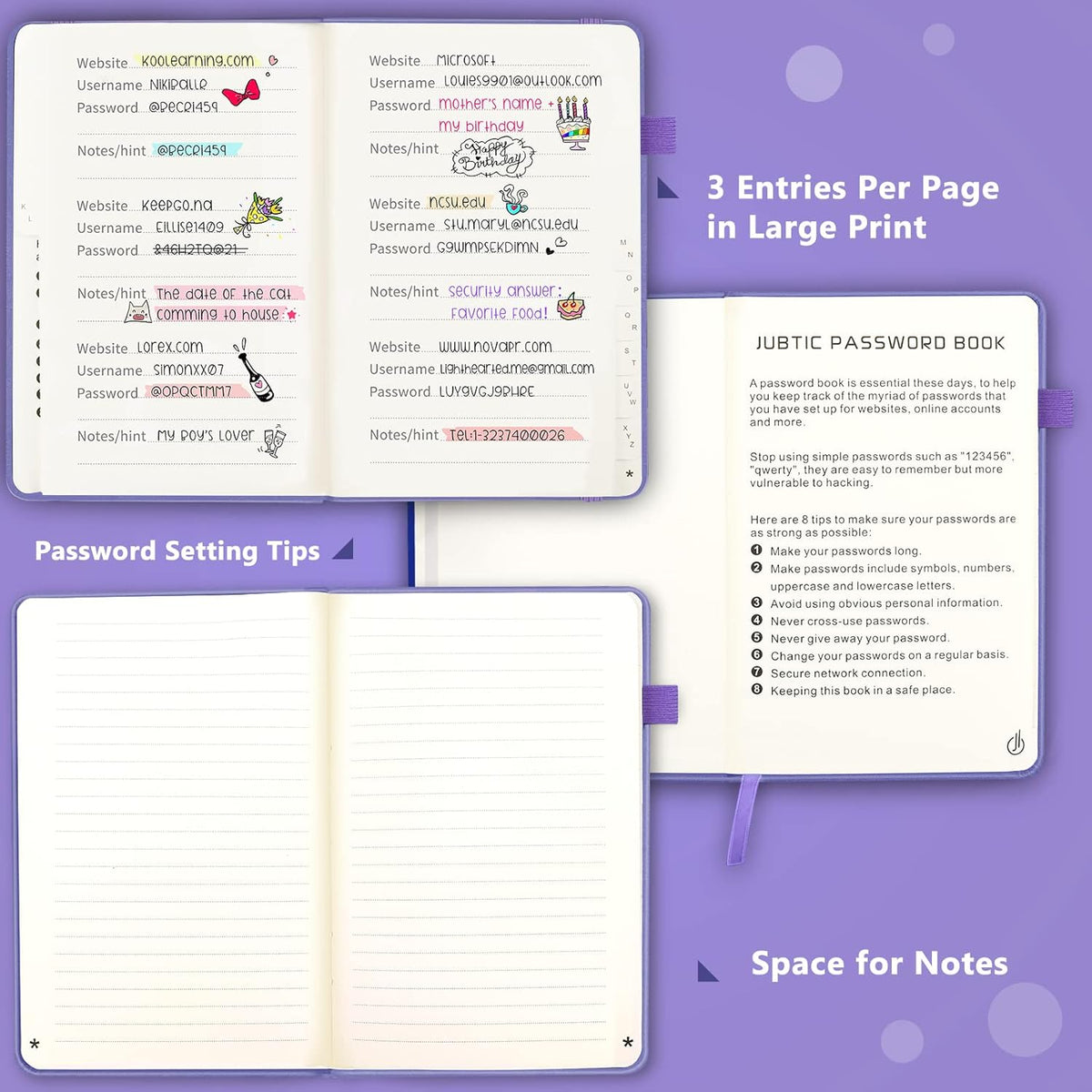 JUBTIC Password Book with Alphabetical Tabs, Small Size Internet Address & Password Keeper Logbook, Password Notebook Journal for Computer & Website Logins, Very Peri