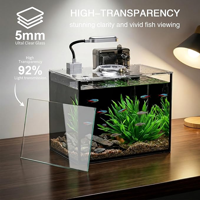 2 Gallon Betta Fish Tank, Small Aquarium Kit,Glass Small Fish Tank,Betta Fish Tank with a lid and Light and Filter, Small Transparent Glass Fish Tank with Light and Filter (Black Glass Background)