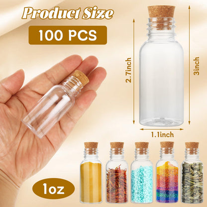 YAYODS 100 Pack 30ml Plastic Potion Bottles with Cork, Mini Sand Art Bottles with 20 pcs Mini Funnels, Spell Jars for DIY Craft, Essential Oil, Message, Party Favor
