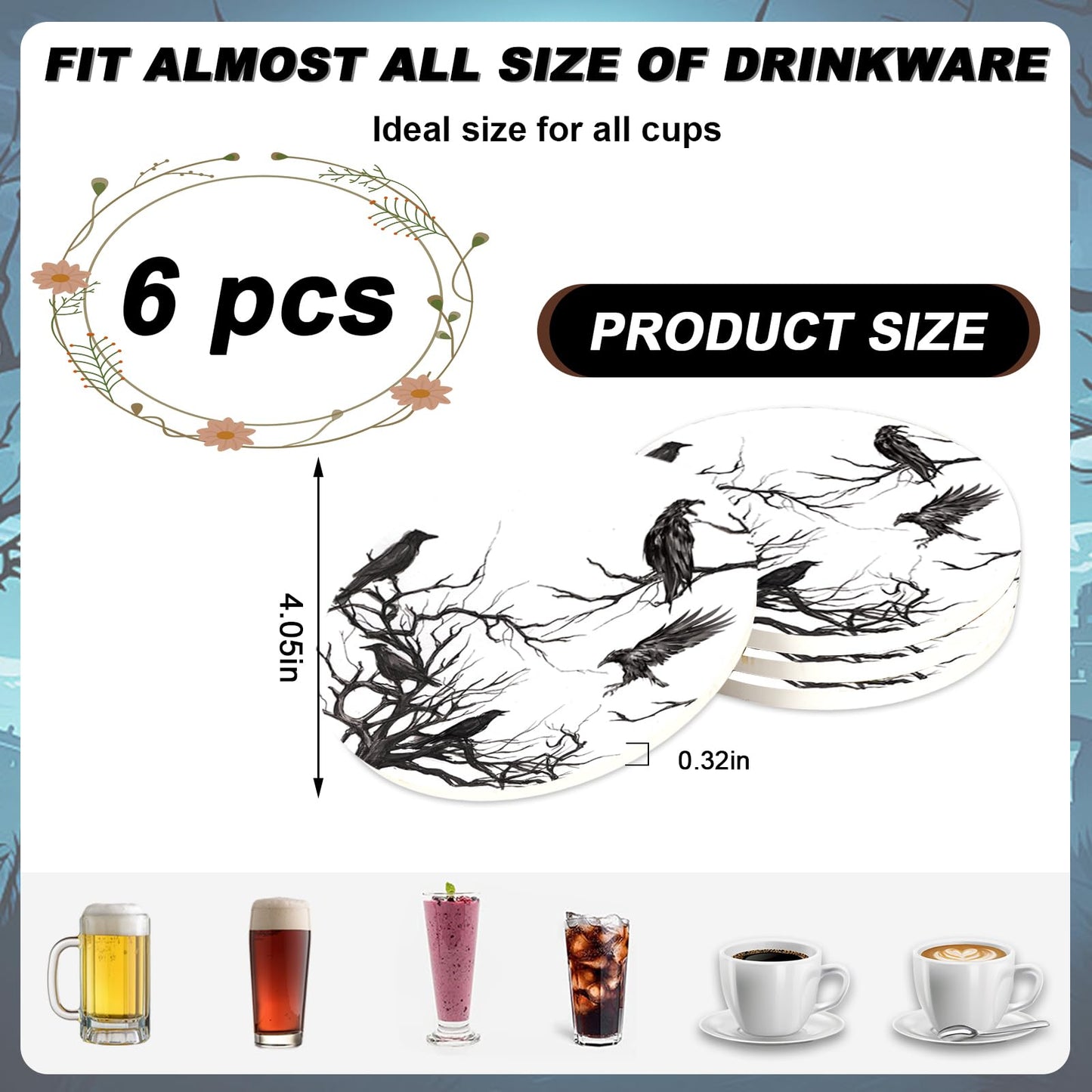 6Pcs Halloween Coasters with Holder Silhouette Tree Crows Drink Coasters Branches Black Ceramic Cup Mats for Party Home Office Table Decor