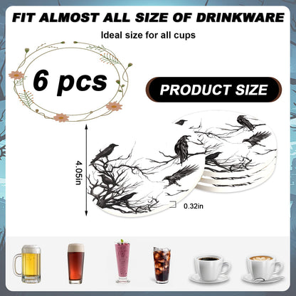 6Pcs Halloween Coasters with Holder Silhouette Tree Crows Drink Coasters Branches Black Ceramic Cup Mats for Party Home Office Table Decor