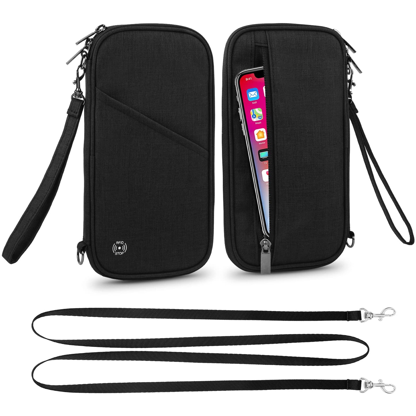 Passport Wallet, RFID Passport Holder with Vaccine Card Slot, for Family and Women & Men, Travel Document Organizer with Removable Wristlet Crossbody Strap (Black)