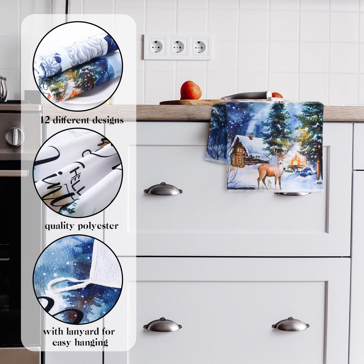 Bencailor 12 Pcs Holiday Kitchen Towels for All Seasons Winter New Year Kitchen Decor Seasonal Dish Towels for All Holidays Winter Elk Gnome Xmas Tree Maple Leaf Turkey Pattern