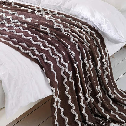 BOURINA Fluffy Chenille Knitted Fringe Throw Blanket Lightweight Soft Cozy for Bed Sofa Chair Throw Blankets, Brown 60"x80"