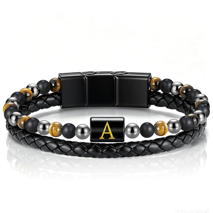 OUTSTHAND Leather Initial Bracelets for Men, Tiger Eye Beaded Bracelets Birthday Gifts for Husband Boyfriend Dad Gifts for Mens Personalized Mens Jewelry Fathers Day Gift for Men