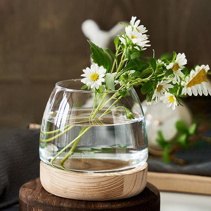 Hydroponic Plant Vase - durablee Transparent Glass Fish Bowl with Wooden Stand, Wide Mouth Terrarium Vase | Comfortable Hydroponic Plant Terrarium, Clear Hydroponic Planter for Home Decoration