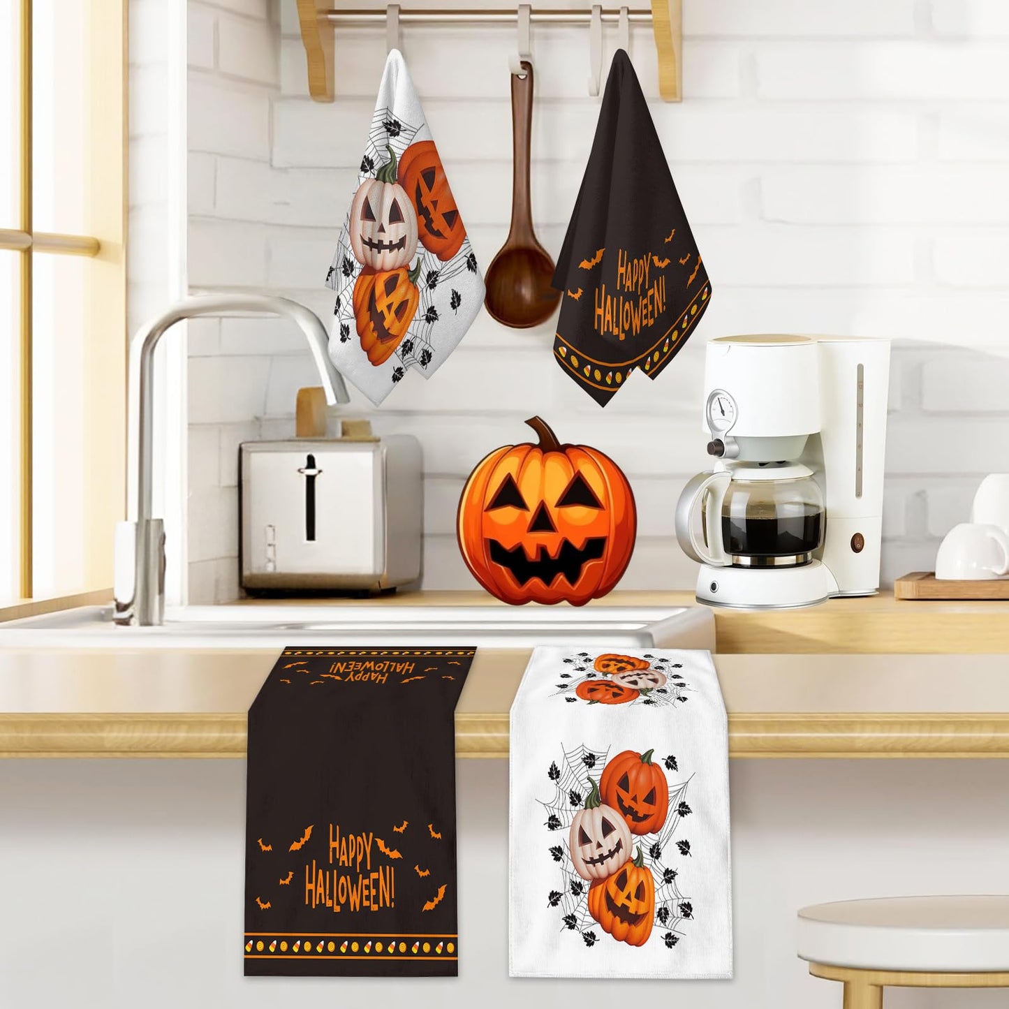 FJTP Happy Halloween Kitchen Towels 18 x 26 Inch Pumpkin Ghosts Bat Spider Web Dish Towel Ultra Absorbent Hand Drying Tea Towel for Kitchen Bathroom Party Halloween Decorations Set of 2