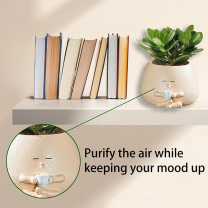 FHDUSRYO Smiley Face Planter Pot, 2Pcs Cute Resin Flower Head Planters for Indoor Outdoor, Unique Sit Succulent Pots with Drainage Hole for Mothers Day, Teacher, Plant Lovers (Drink)