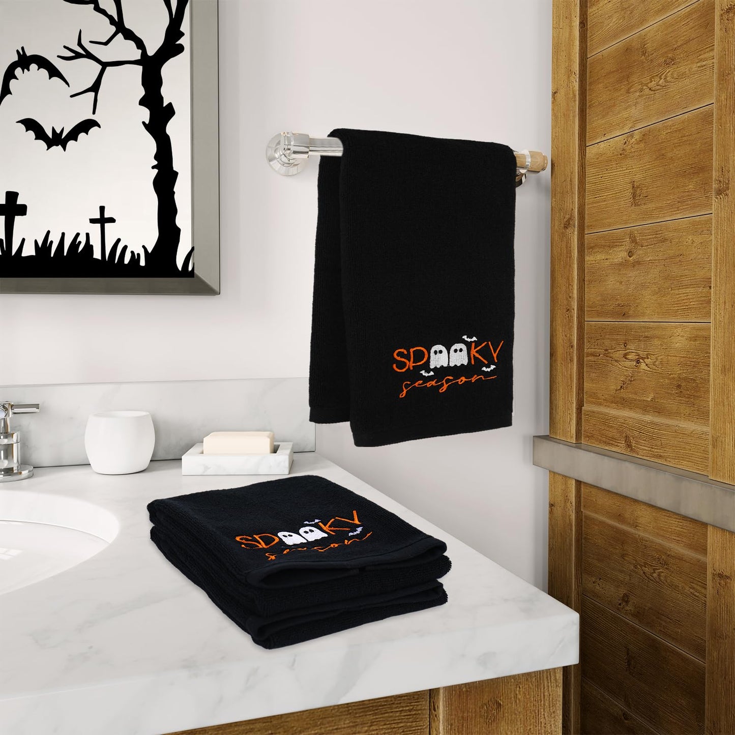 JarThenaAMCS 2Pcs Halloween Hand Towels Spooky Season Ghost Embroidered Cotton Bathroom Towel Soft Absorbent Decorative Dish Towels for Holiday Drying Cleaning Cooking