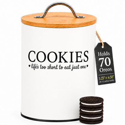 D'Lifeful Cookie Jar with Airtight Bamboo Lid – 0.6 Gallon Cute and Decorative Cookie Storage for Kitchen Countertop – Farmhouse Storage Tin for Freshness – Great Gift Idea