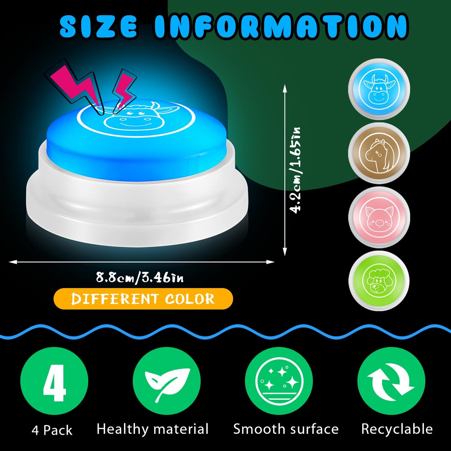 Honoson 4 Pcs Farm Animal Sound Light up Buzzers for Trivia Games Answer Buzzers for Classroom Sound Buttons Family Game and Nights Back to School Supplies (Bright Color)