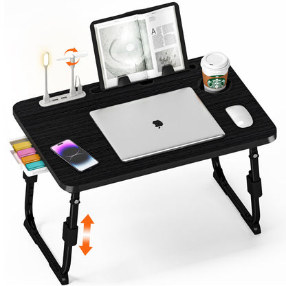 Lap Desk for Bed, Adjustable Laptop Desk with USB Charging Port, Storage Drawer & Bookshelf — Foldable Bed Desk for WFH & Students, 23.6" Desktop Fits 17" Laptop, Non-Slip, Black