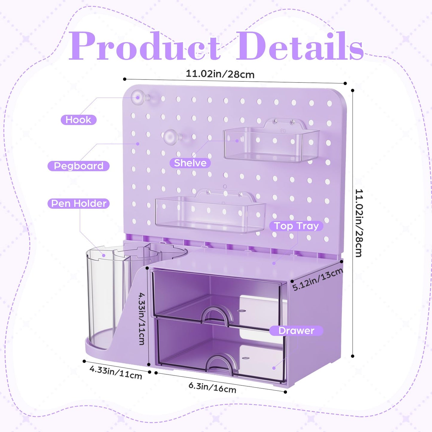 Novabright Desk Organizer with Drawers, Rotating Pen Holder with 5 Slots & Pegboard, Back to School & First Day of School Gifts, Multifunctional Desktop Storage for Desk Home Office Supplies(Purple)