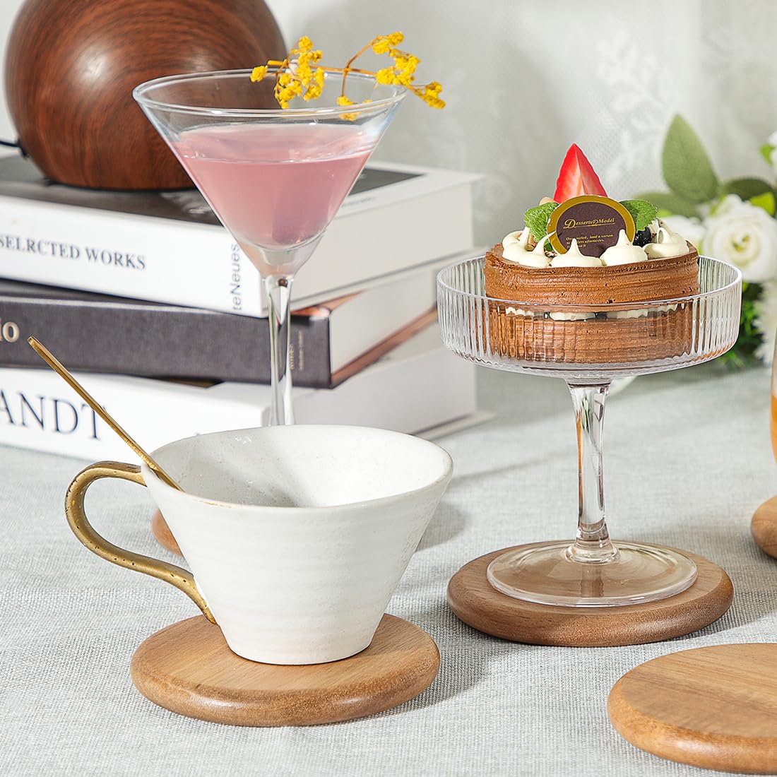HALE OTEIR Acacia Wood Round Coasters Set of 6 with Holder, 3.93 Inch Rustic Wood Coasters with Smooth Rounded Edge for Mugs, Glasses, Coffee & Wine, Perfect for Home, Office or Christmas