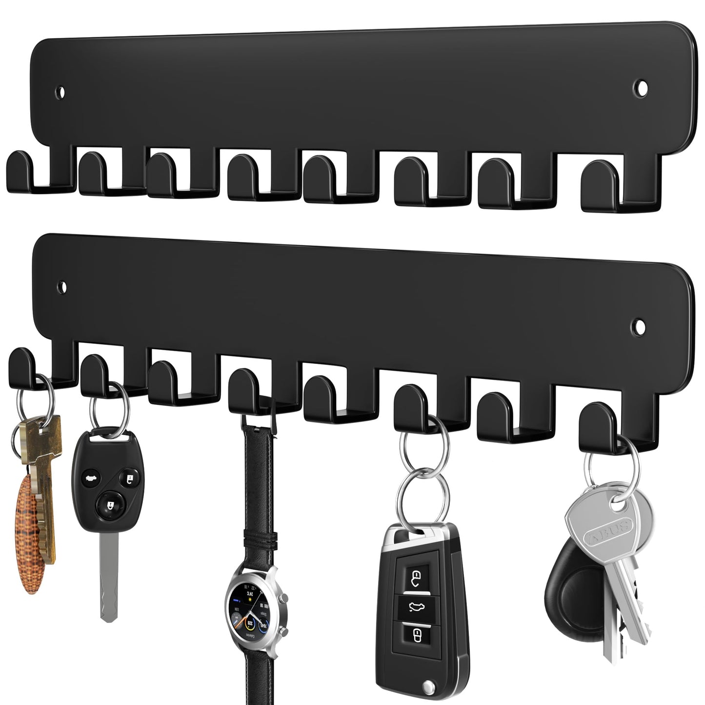 pickpiff Key Holder Wall Mount, Adhesive Key Rack with 8 Hooks Hanger for Car Key Ring, Metal Key Chain Organizer, Black 2 Pack