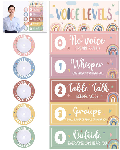 5 Pcs School Push Light and Voice Level Poster Voice Level Chart Monitor Rules Sign LED Tap Light Classroom Rules Poster Noise Chart Classroom Management Tools for Teachers Back to School （Boho Style）