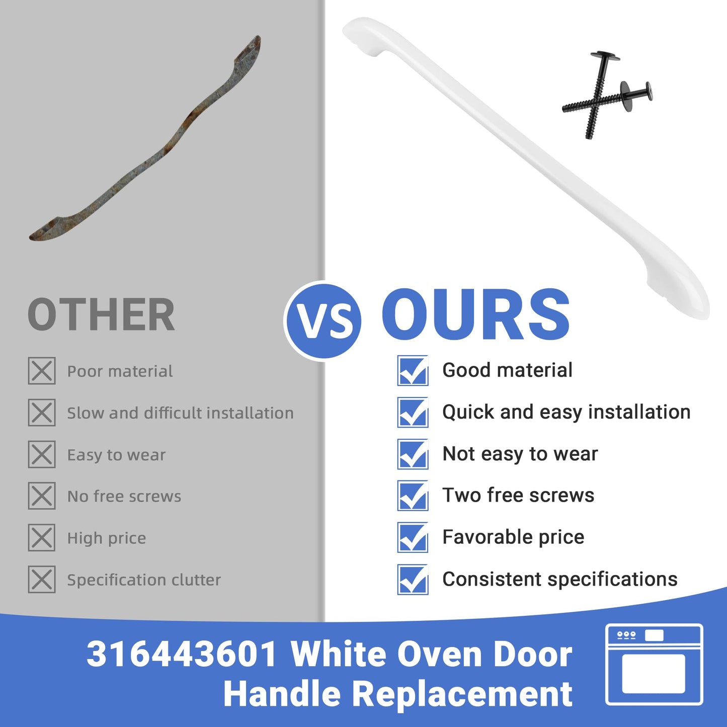 MIFLUS 316443601 Oven Door Handle Compatible for Ken-More Elec-trolux Frigi-daire Electric Oven Range Stove Handle Replacement with 2 * 316433300 Range Handle Screws/Ken.More Oven Handle
