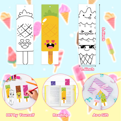 75Pcs Ice Cream Color Your Own Bookmarks for Kids Summer Ice Cream Theme DIY Coloring Blank Bookmark Classroom Art Craft Supplies for Teachers Students Birthday Gift Party Reward Goodie Fillers