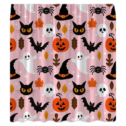 JOFKAXU Pink Halloween Shower Curtain Cute Ghost Pumpkin Spooky Black Cat Scary Skull Horror Bat Magic Witch Hat Gothic Spider Web Bath Curtain with Hooks