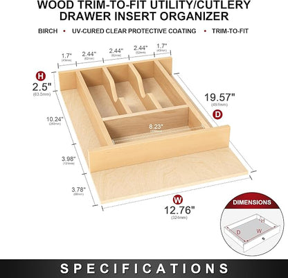 Clikuutory Natural Birch Wood Utensil Drawer Insert Organizer with 7 Compartments, Space-Saving Sturdy Drop-In Cutlery Divider Tray, Kitchen Cabinet Storage for Silverware, Spoons, Forks and Knives