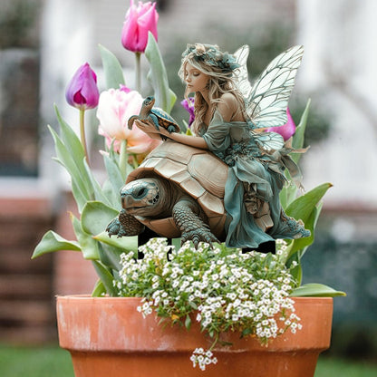 ANNUOZE Fairy Garden Stake Decor, 2D Flat Acrylic Fairy Garden Decor Panel, Elf Yard Sign for Outdoor Indoor Yard Lawn Plants Pots, Fairy Garden Accessories (Fairy and Turtle)