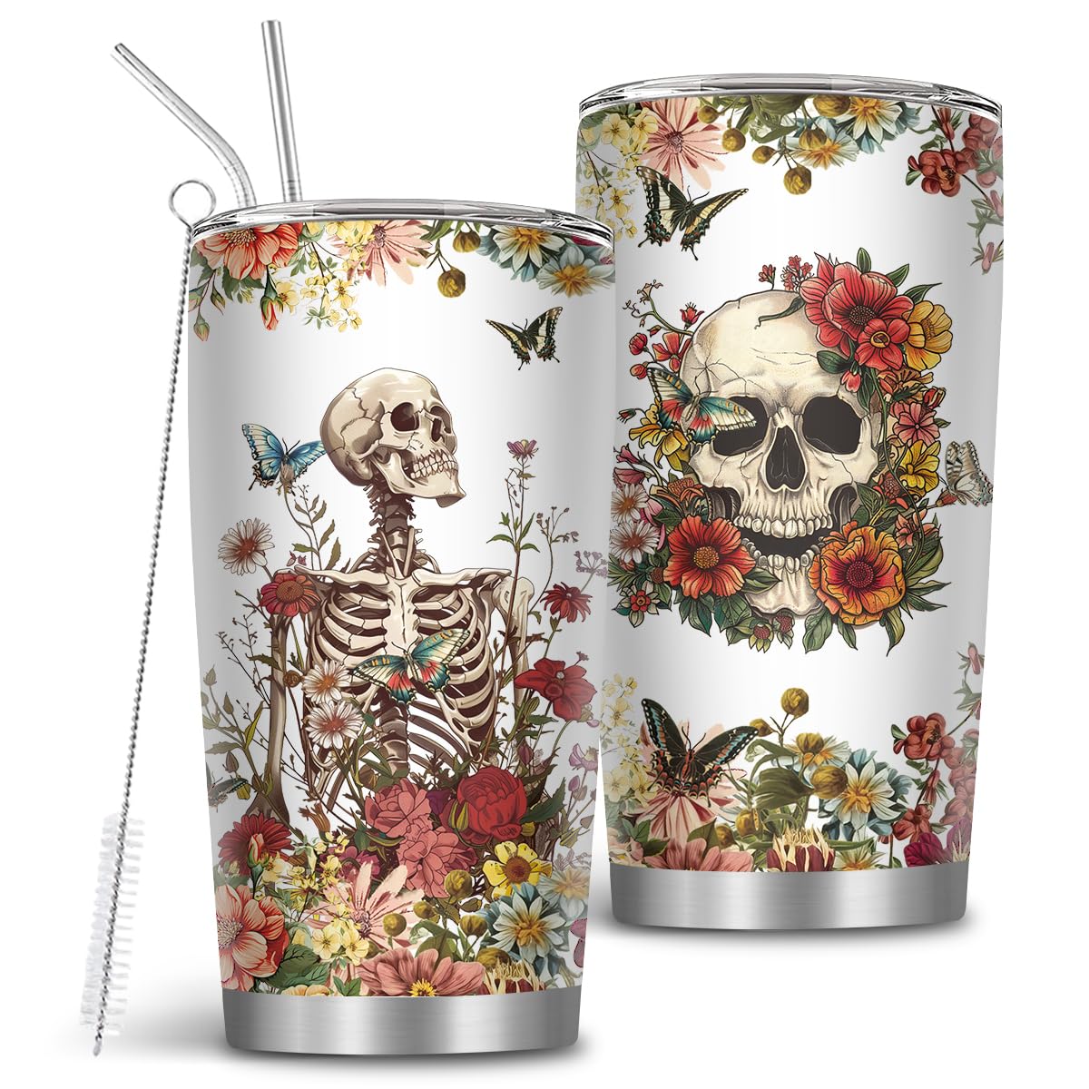 MoYueno Skull Tumbler, Horror Gifts for Skull Lover Men Women, 20 Oz Horror Wicked Spooky Flower Travel Coffee Tumbler Cup with Straw & Brush, Christmas Birthday Thanksgiving Gifts, 1 PCS