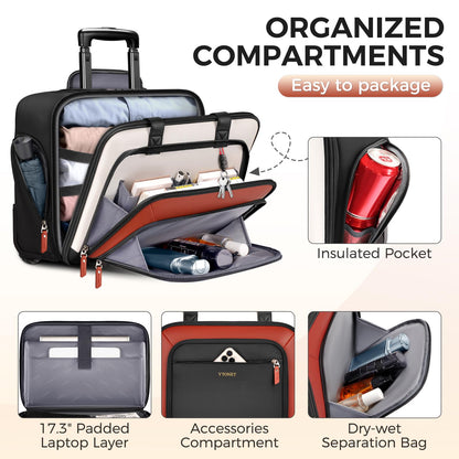 Ytonet Rolling Laptop Bag, Rolling Briefcase for Women with Lock, 17.3 Inch Carry On Laptop Bag with Wheels, Roller Bag with Insulated & Waterproof Pocket, Teacher Bag for Work Travel Business College