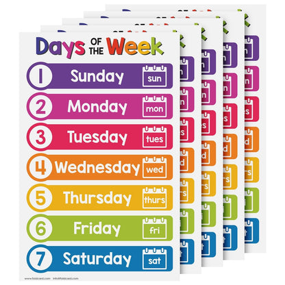 Days of the Week Educational Charts for Preschool to Gradeschool – Bright Colorful Visual/Learning Aid Poster for Classroom or Home | Printed on Glossy Durable Cardstock | 11" x 17" | 5 per Pack