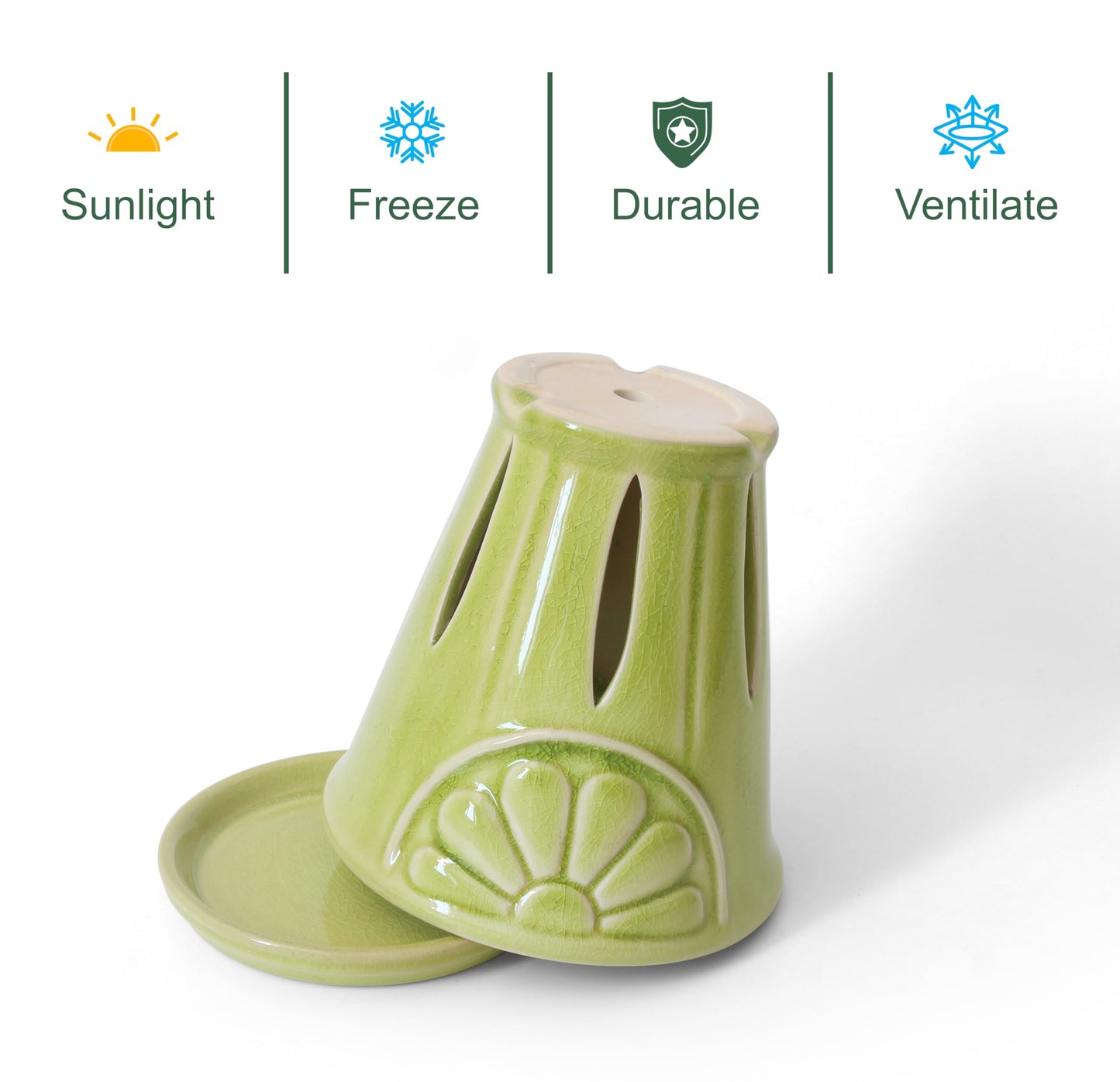 Gniliny Ceramic Orchid Pot with Slotted Holes, 5.39 Inch Crackle Glaze Apple Green Planter with Daisy Relief & Tray, Breathable Vertical Slotted Orchid Container for Repotting