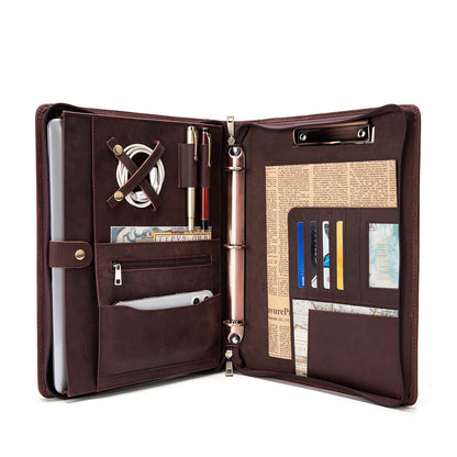 YIWEN Handmade Leather Portfolio with Handle, 3 Ring Binder, Zippered Padfolio for 13" Tablet, 8.5 x 11 Notepad, Professional Business Document Organizer (Dark Brown, Crazy Horse Leather)