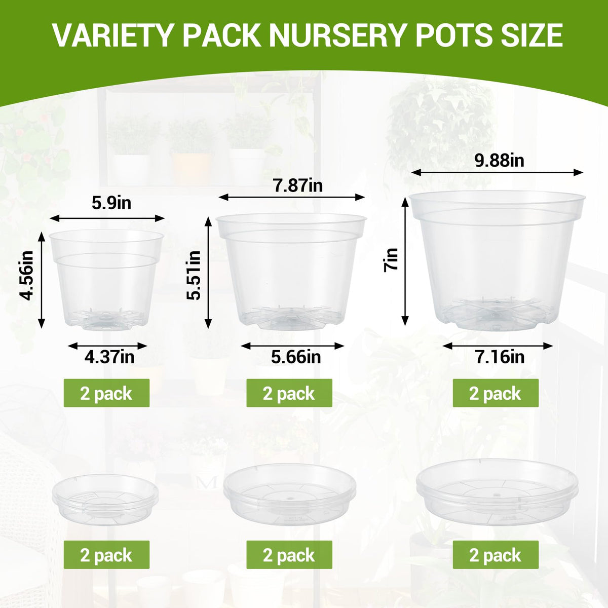 Garvee 6 Pack 6/8/10 Inch Clear Nursery Pots for Plants with Saucers, Thickened Plastic Plant Pots with Drainage Holes, Transparent Seeding Start Planters for Indoor Outdoor