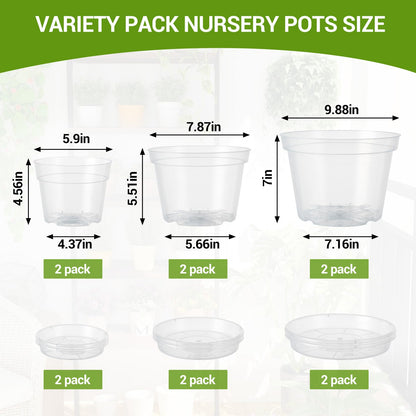Garvee 6 Pack 6/8/10 Inch Clear Nursery Pots for Plants with Saucers, Thickened Plastic Plant Pots with Drainage Holes, Transparent Seeding Start Planters for Indoor Outdoor