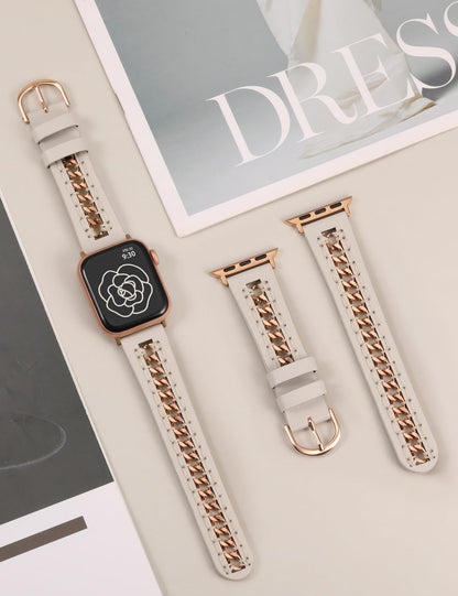 Minyee Leather Band Compatible with Apple Watch Bands 38/40/41/42/44/45/49mm Women,Dressy Designer Premium Leather Strap with Stainless Steel Metal Hollow-out Chain Bracelet for iWatch Ultra 2 Series