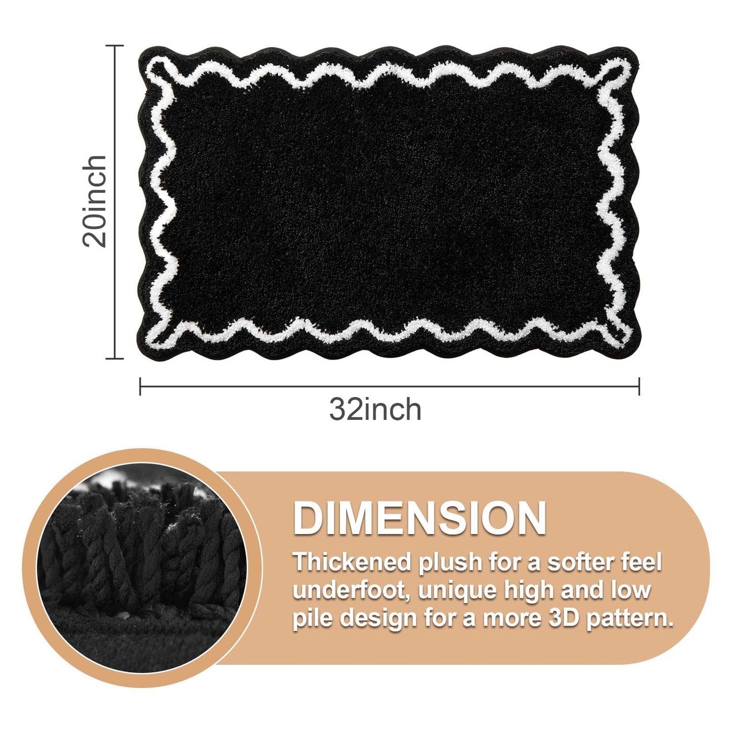 ORTIGIA Black Bath Mat with White Scallop Non Slip, Quick Dry Bath Rug Absorbent Soft Plush Microfiber Bathmat for Bathroom Floor Carpet for Sink Bedroom, 20x32