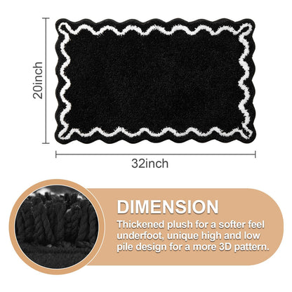 ORTIGIA Black Bath Mat with White Scallop Non Slip, Quick Dry Bath Rug Absorbent Soft Plush Microfiber Bathmat for Bathroom Floor Carpet for Sink Bedroom, 20x32