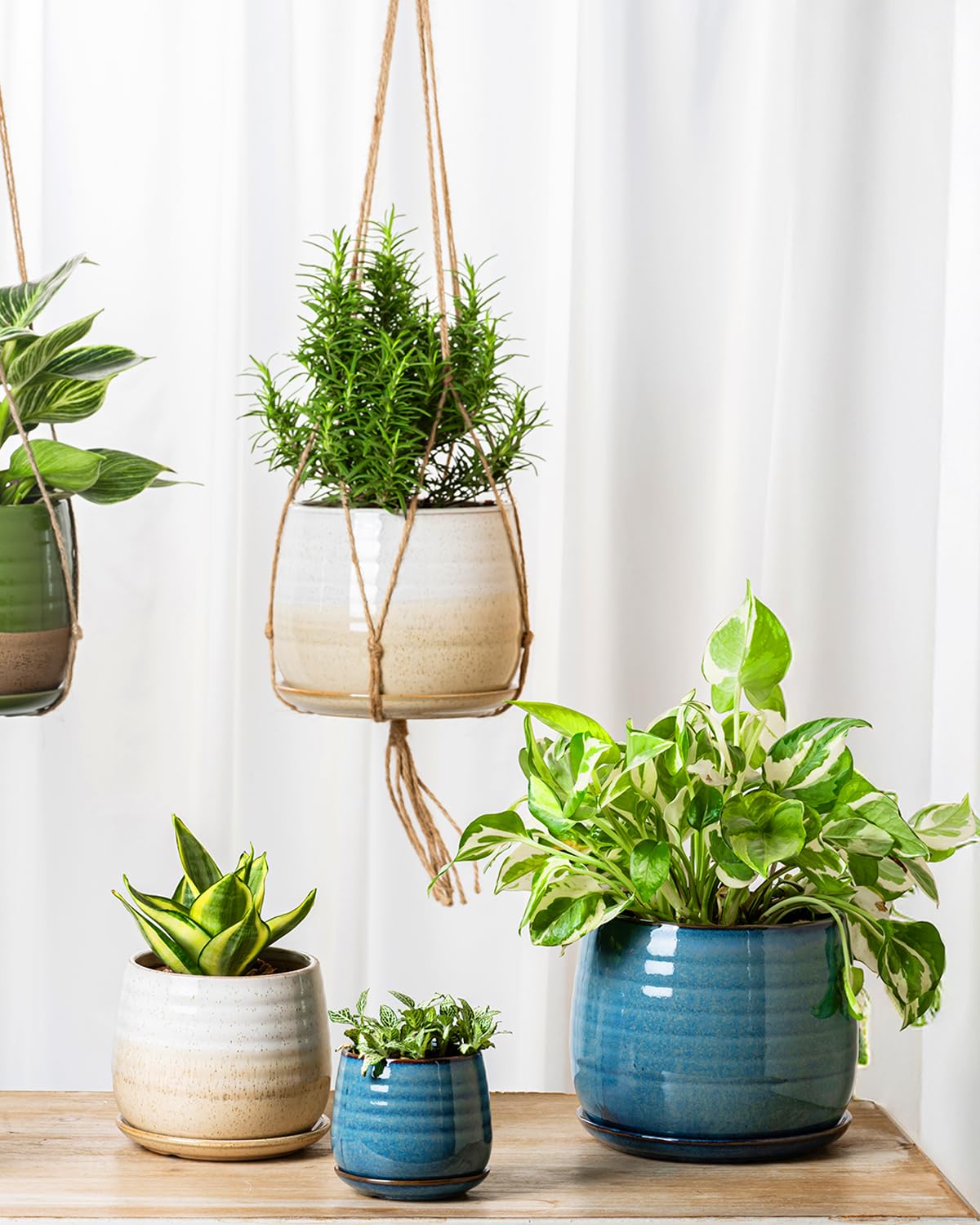 MISSYSSIM Ceramic Plant Pots with Drainage Holes and Saucers, Indoor Flower Pots for Plants Set of 3, 3.4+4.7+6.1 inch Cute Garden Pots Set for Succulent and Money Tree, Gift for Housewarmings, Blue