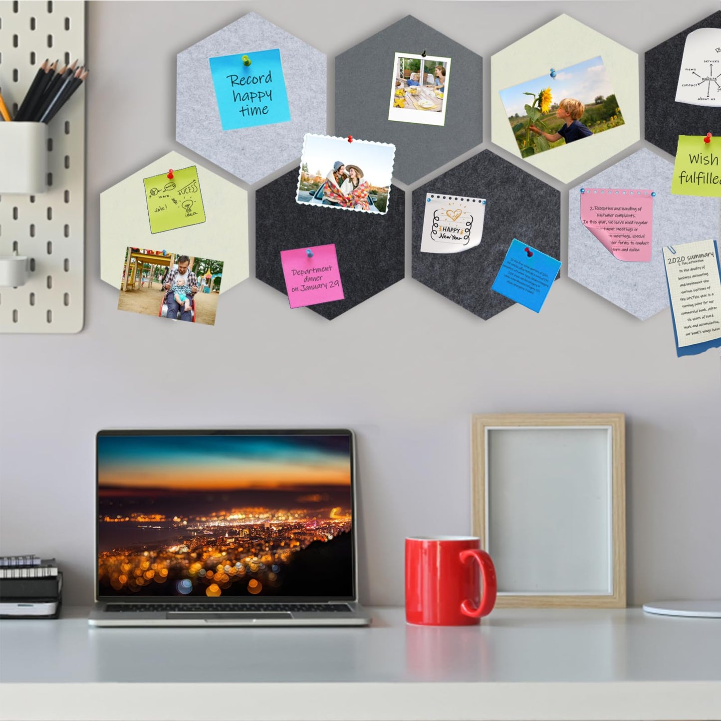 SEG Direct Hexagon Felt Cork Board Tiles, Hexagon Felt Bulletin Board Tiles Self Adhesive Picture Board, Memo Notice Tiles Pin Board for Walls Office, 11.8" x 10.2", 5PCS(Gray Series)