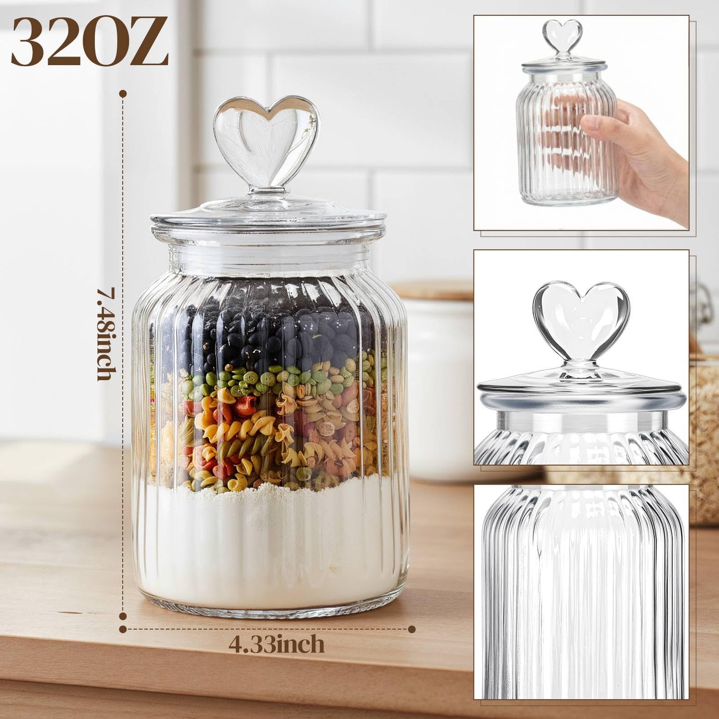 Potchen 4 Sets 32oz Cookie Jars Glass Candy Jar with Heart Lids Decorative Heart Containers Food Storage Canister with Airtight Lid for Valentines Party Table Decoration(Clear Lid)