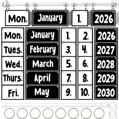 Black White Flip Calendar Bulletin Board Set Black Calendar for Classroom Whiteboard Decor with 2026 to 2030 Years Date Cards and Adjustable Rod for Home Elementary Back to School Teacher Supplies
